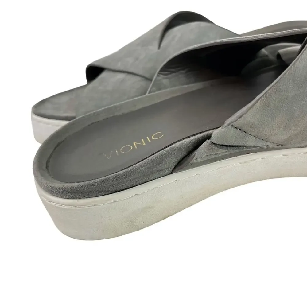 Vionic Lou Gray Wide Criss Cross Strap Slides Genuine Leather Platform Sandals 9